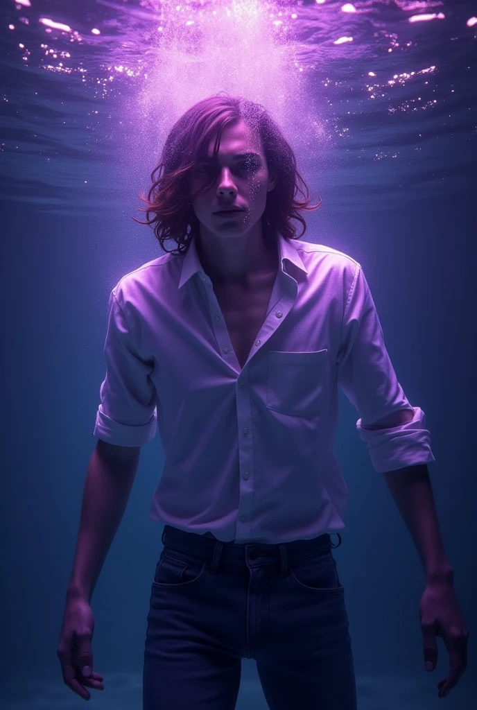 Male ager with clothes, white shirt, jeans, with long dark brown hair with details, drowning, Suffocating, full body underwater, purple lights around, by Alena Aenami, best qualityer, work of art, very aesthetic, perfect composition, details Intricate, Ultra-detailed INFO