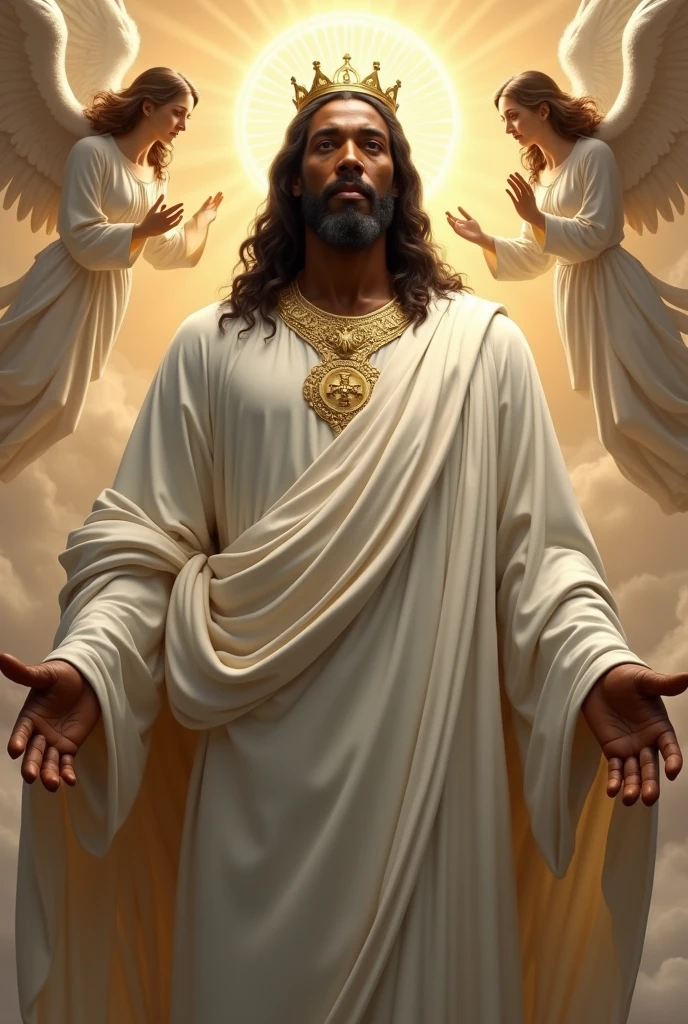 Black Jesus Christ in white robes appearing the whole body with a crown in all his glory. With angels desending down from heaven with black Jesus