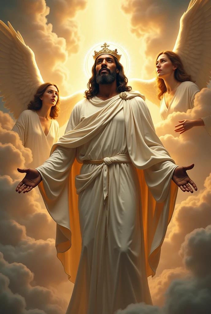 Black Jesus Christ in white robes appearing the whole body with a crown in all his glory. With angels desending down from heaven with black Jesus