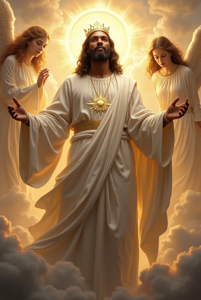 Black Jesus Christ in white  appearing the whole body with a crown in all his glory. With angels desending down from heaven with black Jesus