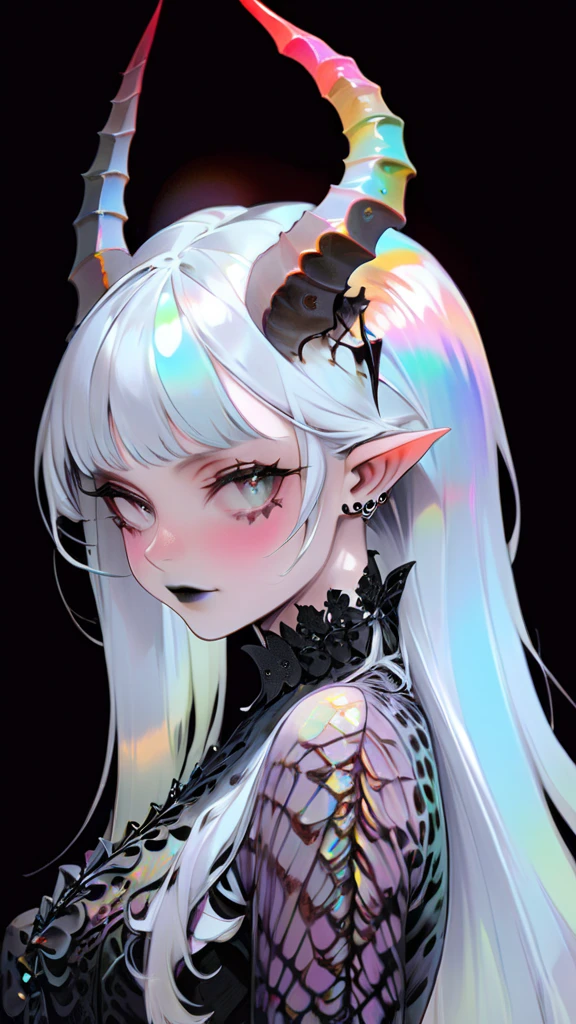 demon girl , prismatic coloration, holographic environment, chromatic black lace blouse, Black background, (long straight horns:1.2)