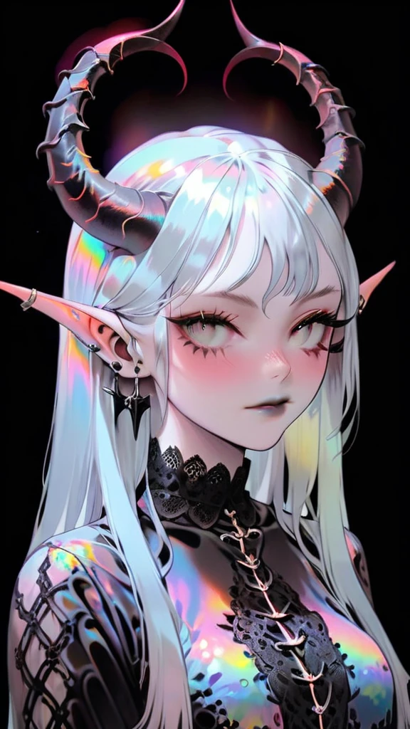 demon girl , prismatic coloration, holographic environment, chromatic black lace blouse, Black background, (long straight horns:1.2)  