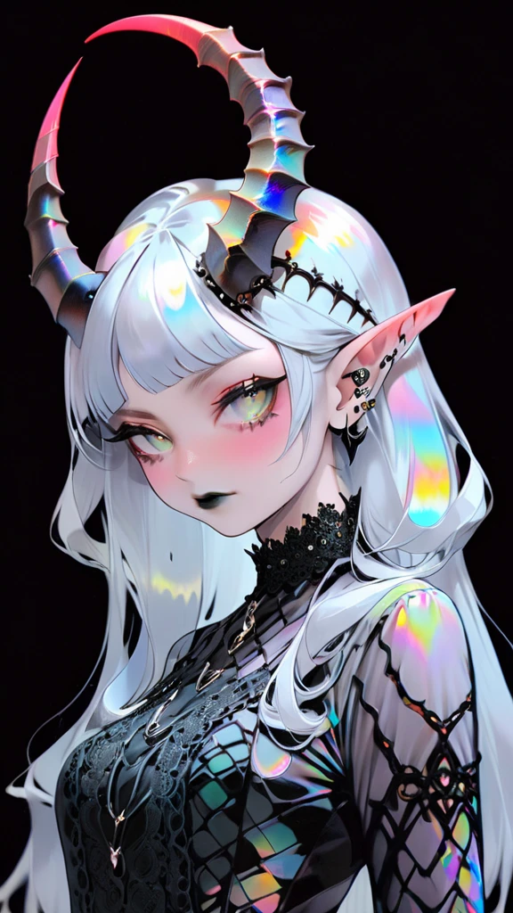 demon girl , prismatic coloration, holographic environment, chromatic black lace blouse, Black background, (long straight horns:1.2)