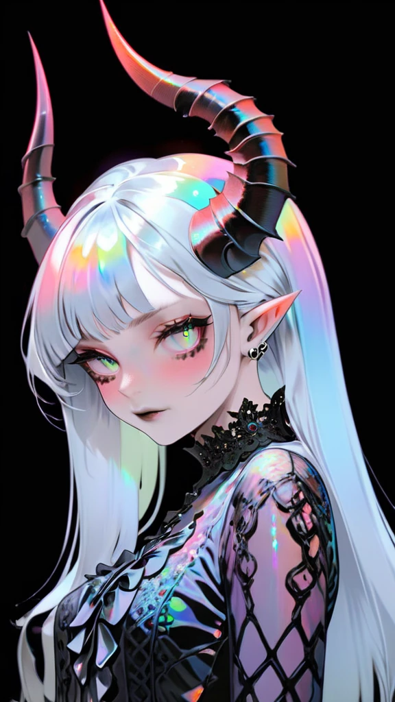 demon girl , prismatic coloration, holographic environment, chromatic black lace blouse, Black background, (long straight horns:1.2)  