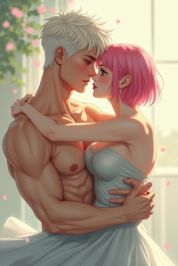 Drawing of a man carrying a woman princess style, emotional image, love concept art, fane art, inspired by gege akutami, the woman has short pink hair and green eyes, the man has white hair and blue eyes, blonde skin, tall , muscular.