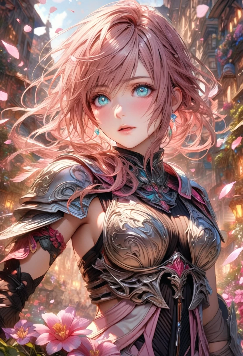 Ultra detailed, highres, absurdres, HDR, master piece, Claire Farron, wavy pink short hair, expressive pale aqua eyes, silver armor, silver and black gloves, Valkyrie armor, Lightning Farron, Final Fantasy XIII-2, pink flowers, petals, fireflies, woman, solo, extremely beautiful, very detailed face and eyes, best quality, fantasy, magical, realistic face, fantasy city, white feathers