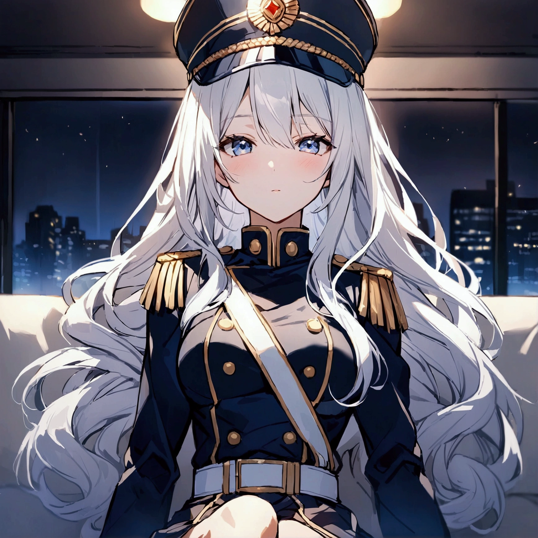 Office background, night time, Military uniform, dark blue uniform, white glove, military cap, 1girl, white hair, shining hair, medium breast, sitting on couch, facing viewer,
