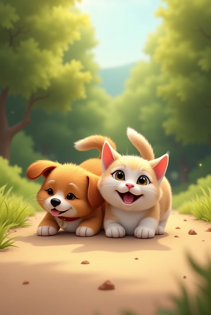 ((best quality)), ((masterpiece)), (detailed),IP, funny cat run with dog ; on the belly,Image,cute,