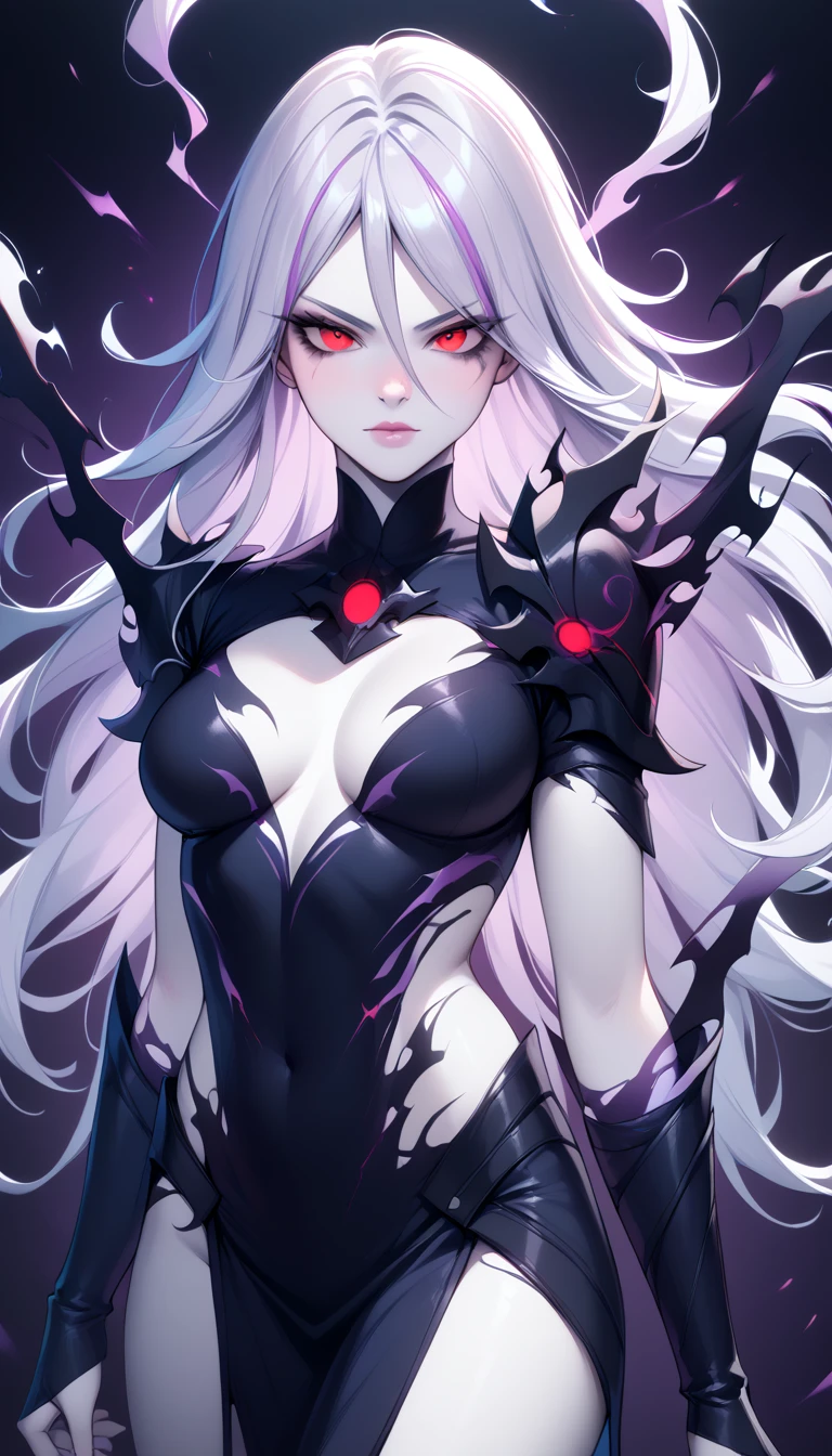 1 Girl, Medium Breasts, Light Purple Hair, Silver Highlights In The hair, Red Eyes, Nice Eyes, Long Hair Style, Freckles, Nice Lips, Nice Nose, Pale White Skin, Smooth Skin, Black Assassin Outfit, Sexy Outfit, Sexy, Shadow Neon Background, Shadow Drifting Off Her, Living Shadows