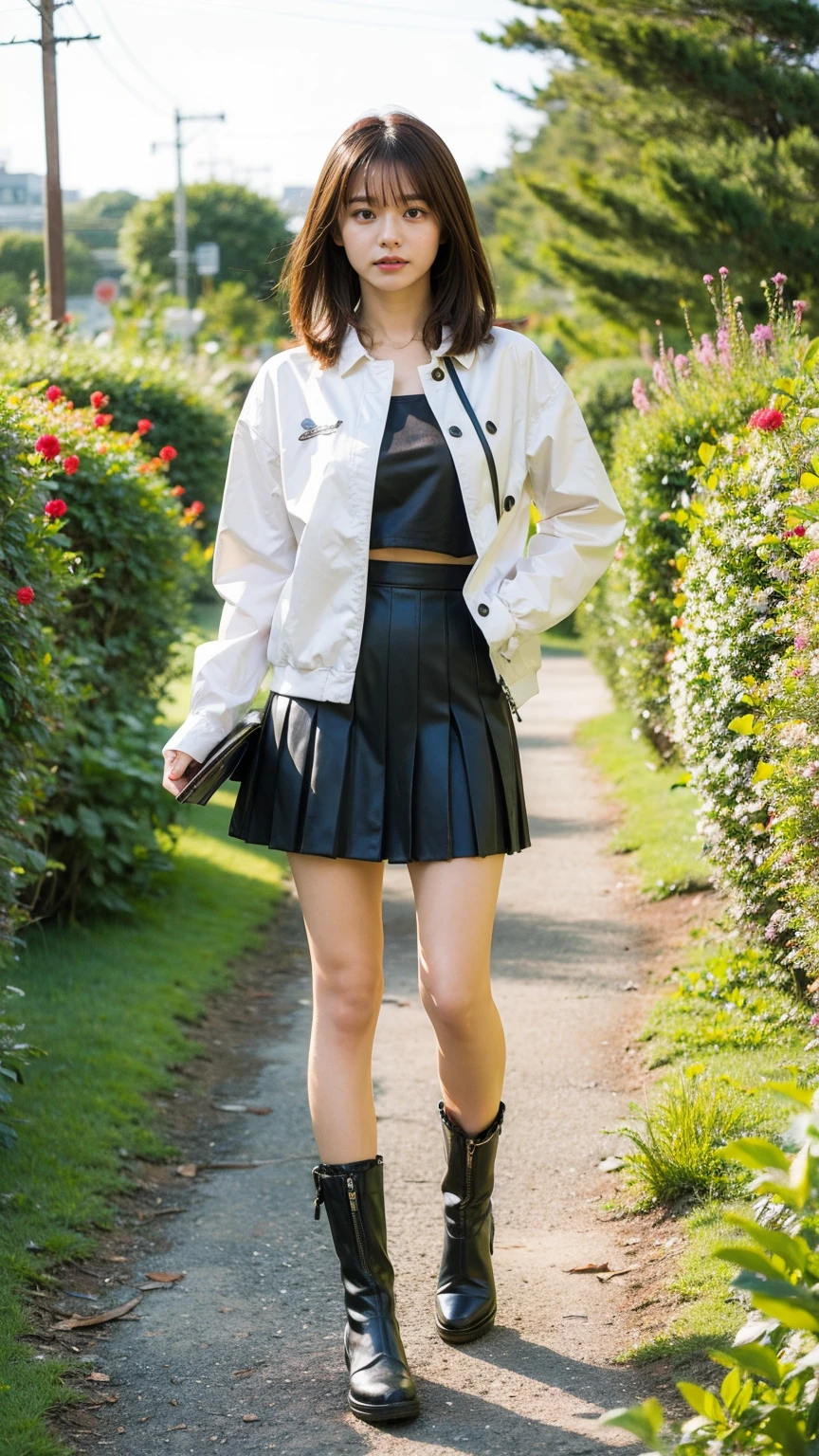 (8k、RAW Photos、Highest quality、masterpiece:1.2)、(Realistic、Realistic)、1 person、((Black Mini Skirt、Jacket、、boots、whole body、Check mini skirt、garden、View from the front、Looking into the camera、Hands on your hips))、cute