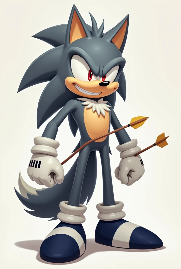 a grey wolf character from Sonic the Hedgehog, arrow in the stomach, Red eyes, white gloves, dark blue and white shoes, smiling,and 2d