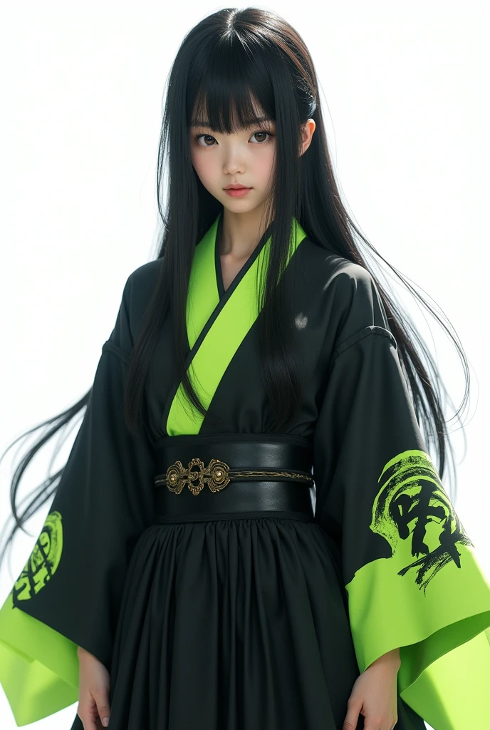 Japanese teenage girl in domination black and highlighter green kimono, chest length hair flowing straight down, ultra hd, 4k, very realistic, body pose straight in front of camera, bright white background, waist angle,