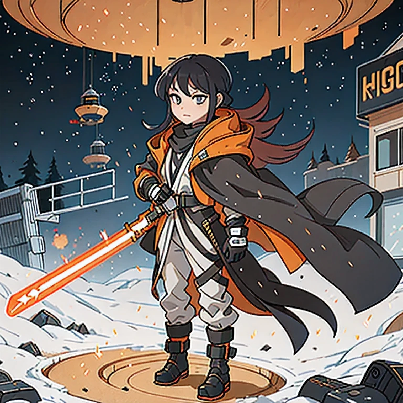 Black gold silk cyberpunk mine snow light orange rough linen cloak Trump lightsaber space floating 1:6 Miniatures,illustration