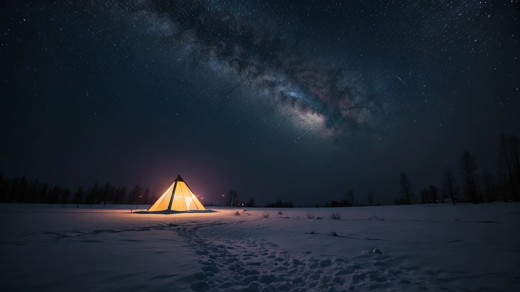On a cold, winter night in Poland, the dark sky is illuminated by a series of bright, otherworldly lights that suggest the presence of UFOs. The lights form a striking pattern, casting a strange, glowing hue across the snowy landscape below. The wintry scene is quiet and still, with snow gently falling and blanketing the ground. The sky above is a deep, inky black, contrasting sharply with the vivid, colorful lights that seem to hover or move in a way that defies natural explanation. The scene evokes a sense of awe and mystery, as the unusual lights hint at an extraterrestrial presence, making the ordinary winter night feel extraordinarily surreal and unsettling.