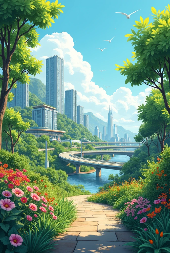 Make me an illustration of colored drawing for my project. The topic is "what you think is our future environment?" I like you to create a balanced environment where there's a trees, plants, a good environment, with a building, roads, a sustainable transportation that doesn't destroy the environment.