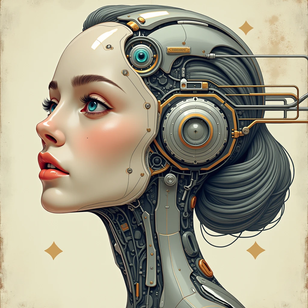 The focus would be the head of a clearly robotic woman, but with feminine and delicate features. The face could have metallic details, like soft plates and circuit lines that follow the natural shape of the skull, drawn in flowing and organic curves, Art Nouveau features.

The features would be highlighted to ensure her femininity: large, expressive eyes, well-defined lips and a delicate chin. Perhaps the eyes would be bright, with a slight blue or lilac shimmer, suggesting advanced technology. The hair could be made up of metallic wires or fine circuits, flowing like soft waves around her head, maintaining the elegant and stylized aspect of Art Nouveau, no excess details.

The neo-traditional style would bring striking lines around the face and the robotic elements, creating contrast and definition. The facial structure would be sculpted with shading, emphasizing the fusion between the organic and the mechanical. For colors, we could have metallic tones like silver, chrome or even gold in strategic parts, complemented by touches of blue or lilac in the sheen of the eyes and technological details.

This design would balance the futuristic aesthetic with the classic and elegant style, highlighting the feminine figure in an unmistakable way while maintaining the harmony between technology and art.