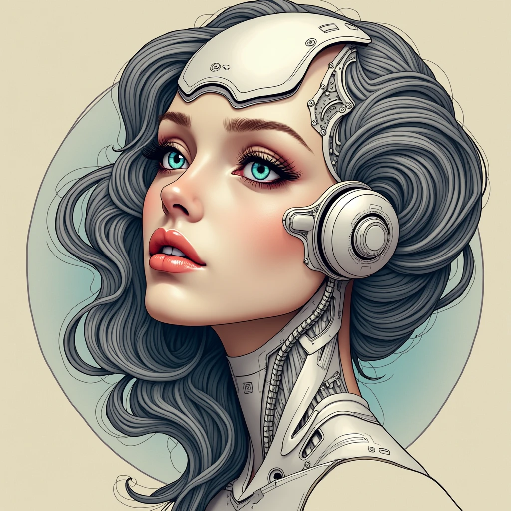 The focus would be the head of a clearly robotic woman, but with feminine and delicate features. The face could have metallic details, like soft plates and circuit lines that follow the natural shape of the skull, drawn in flowing and organic curves, Art Nouveau features.

The features would be highlighted to ensure her femininity: large, expressive eyes, well-defined lips and a delicate chin. Perhaps the eyes would be bright, with a slight blue or lilac shimmer, suggesting advanced technology. The hair could be made up of metallic wires or fine circuits, flowing like soft waves around her head, maintaining the elegant and stylized aspect of Art Nouveau, no excess details.

The neo-traditional style would bring striking lines around the face and the robotic elements, creating contrast and definition. The facial structure would be sculpted with shading, emphasizing the fusion between the organic and the mechanical. For colors, we could have metallic tones like silver, chrome or even gold in strategic parts, complemented by touches of blue or lilac in the sheen of the eyes and technological details.

This design would balance the futuristic aesthetic with the classic and elegant style, highlighting the feminine figure in an unmistakable way while maintaining the harmony between technology and art.