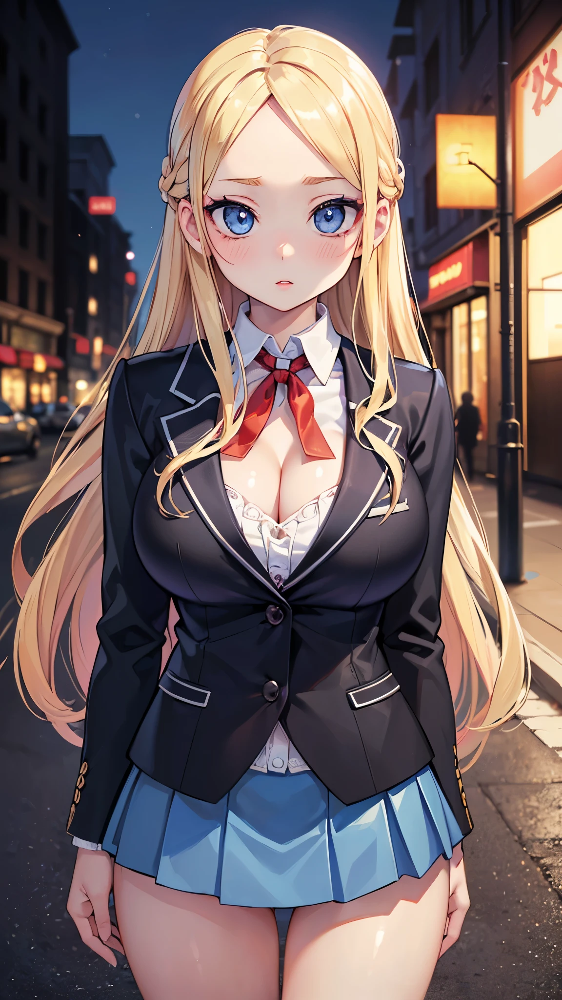 (masterpiece, 最high quality, 超High resolution, Very detailed), (Realistic:1.1, photoRealistic:1.4), Perfect illustration, Perfect lighting,Perfectly detailed hair, Perfect and exquisite face, Perfect collarbone, Perfect body,Juicy breasts, Perfect Thighs, Beautiful legs, View your audience, 1 person,Perfect Face, (Perfect Anatomy, Anatomically correct), Symmetrical face、((Shiny Hair)),Sexy Body、(masterpiece),(最high quality:1.3),8k,Very clear,(Ultra-realistic),Captivating woman,(high quality, High resolution, The finer details), Realisticなスタイルの女性,Juicy breasts、Perfect Woman、Perfect Face、Symmetrical face、、((Big breasts))、Cleavage、blush、((Juicy lips))、Cowboy Shot、(((Forehead、Blonde)))、((Big double blue eyes、Long eyelashes))、((Red Makeup))、(((A white shirt with a collar、blazer)))、(((high school girl)))、(((Black Mini Skirt)))、(((Big tits jk)))、(Outdoor、On the street at night)