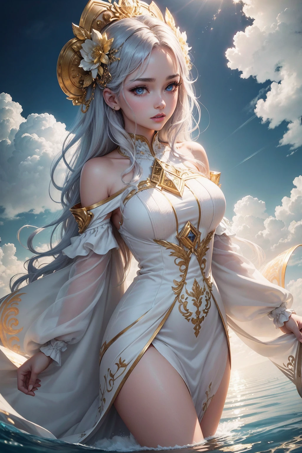 Goddess is an invincible masterpiece, Ultra photo realsisim, Perfect artwork, details Intricate, best qualityer, bright lights, hight contrast, White and gold dress with white and gold robes(machine:1.2)(tabletop) , (best qualityer) , (Highly detailed CG Unity 8k wallpapers) , (best character detail:1.36), wetlands, oppressive sky, white clouds , (delicate lines:1.24), ([Mirrors reflect water]:1.37) , (fancy) , cumulonimbus clouds , (The oppressive atmosphere of the host:1.14) , (cool light:1.2) , Color Splashes , colorfully, Esbian full body,white background, detailedeyes, gorgeous eyes, detailedeyeshadow, gold eyes, red lipgloss stick, wariza, hair ornaments, simple background, cube hair ornament,short gray hair, 1woman, high qualiy　real looking skin　超High resolution