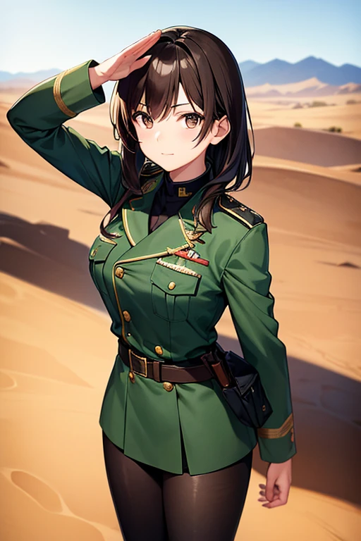 content:
blackい, 茶colorの髪と茶colorの目をした成人女性の将軍. Her uniform is inspired by German military uniforms。. She is saluting towards the camera with a confident expression. She looks serious. 彼女の左手は背middleの後ろにある. She is black!!!! black! 彼女の肌がblackいことを確認してください。middle:
Digital Art, Anime illustration.
Lighting:
soft, Natural light that highlights her features and the details of her uniform, Achieving a balanced and realistic look.
color:
A palette of military green and brown, Subtle highlights that accentuate the texture of her uniform and the character's features. The background is the desert.
composition:
Full Body Shot, Showcasing the character's mature figure. She stands confidently, Raising her hand in a salute, A desert landscape in the background.