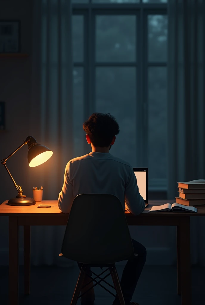 Backside of A 23 year old indian boy sitting on a chair, reading a book on a table, table is covered by 3 sides, a study lamp and a laptop on the table, Light dark background