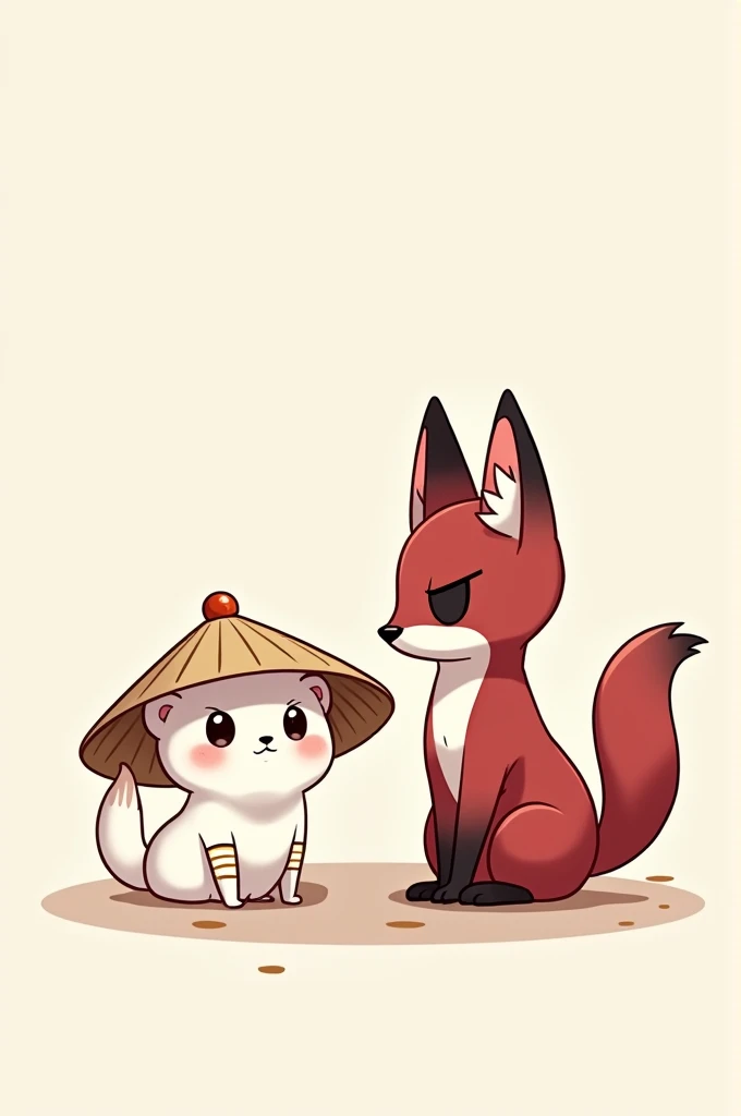 A chibi anime cartoon drawing of a small white ferret wearing a Chinese straw hat, with white bands around the front legs and one around the neck. Alongside a dark red fox wearing a black eye patch on its left eye.