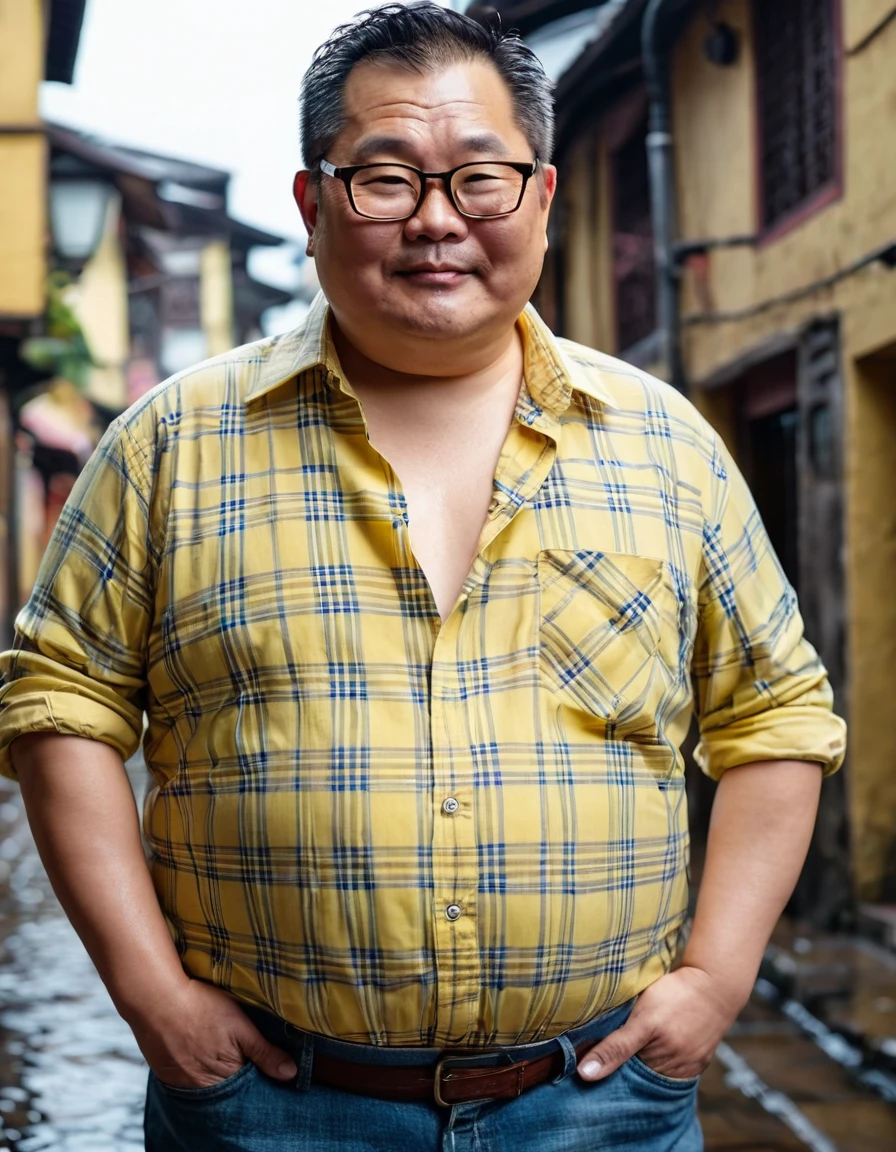 Man, Asian, 50 years old, Fat, Chubby, wearing glasses,( Put on a thin, light yellow plaid shirt, Unbuttoned the shirt ), Shirtless, wear jeans, in the old town, Wet, Raining, ( Top view ), beautiful lighting.