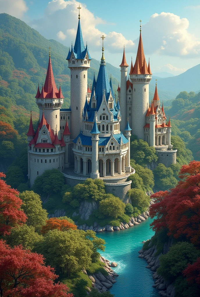 4 castles in the forest with elements that represent the 4 seasons of the year 
