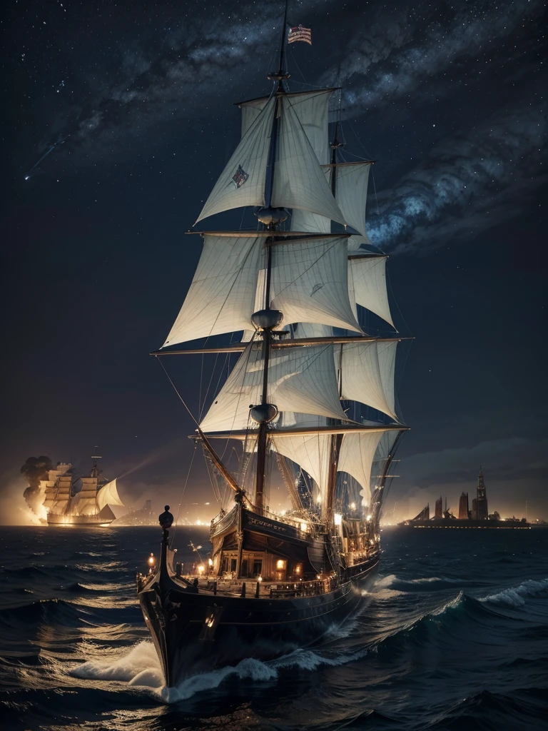 A classy medieval warship, with a blue and silver banner.
On the background the shores on fire and a city falling