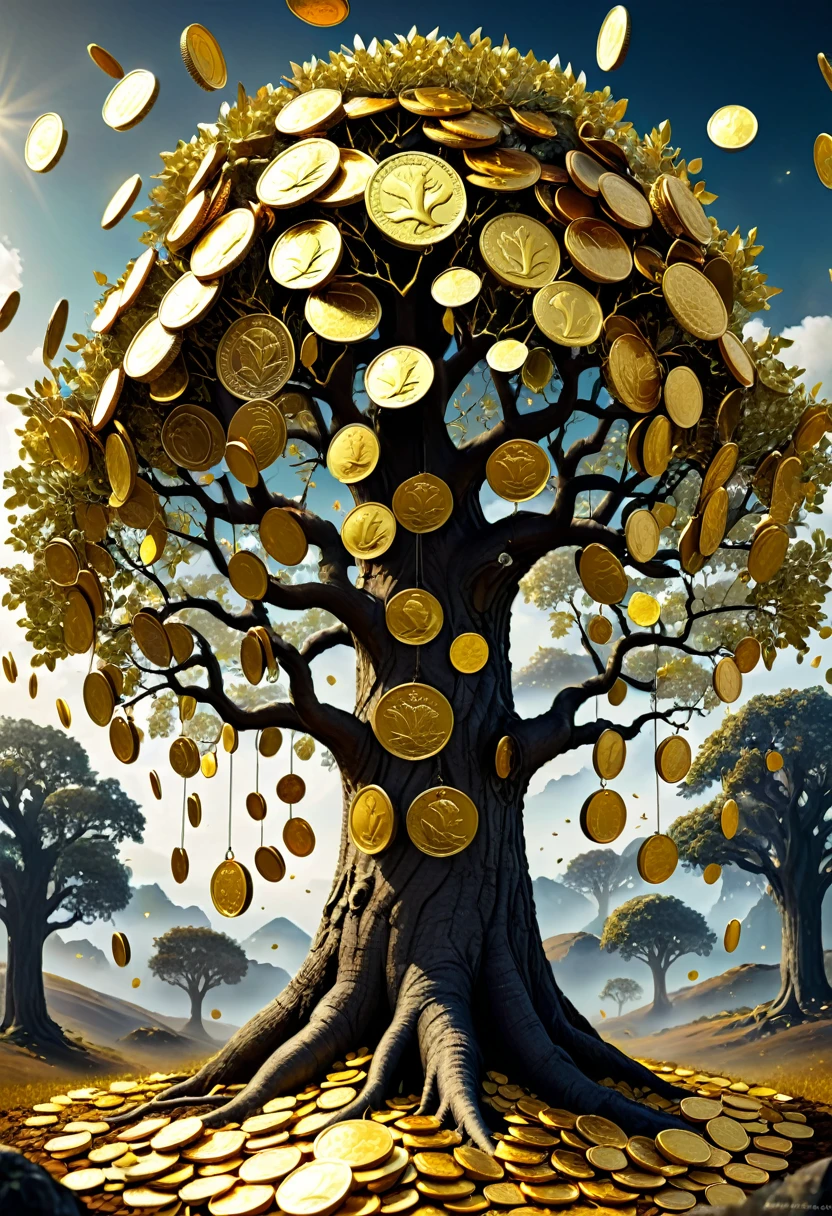 coin tree，The crown is filled with gold coins，only gold coins，Magic coin tree，Magic coin tree，of， Surreal, Crazy of, Whimsical, Epic ofmagpic gold fantasy