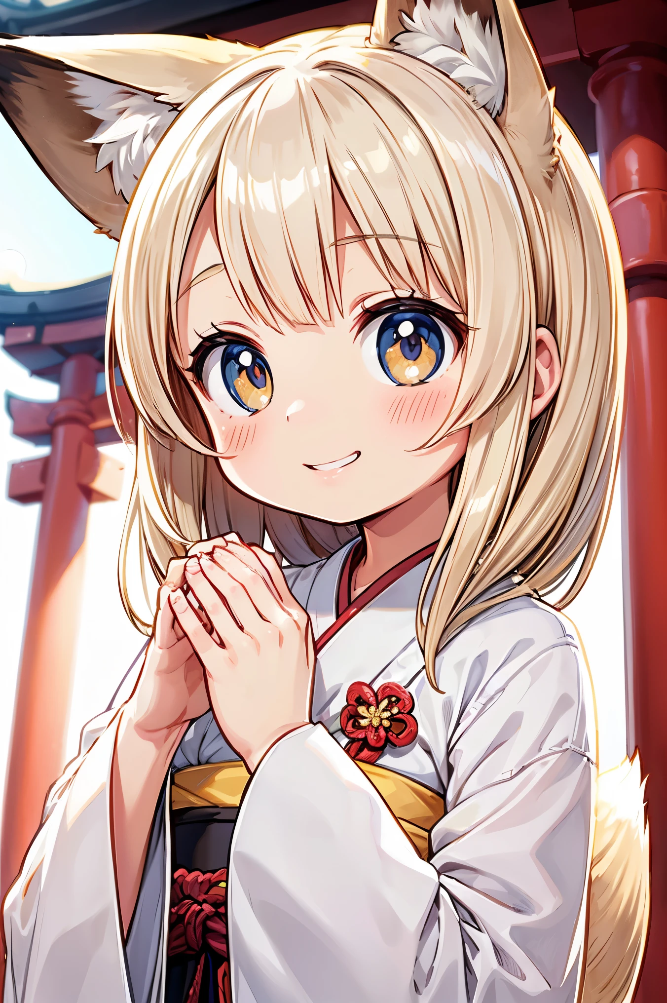 Beautiful illustration, best quality, cute girl, ((Close up to face)), ((A shinto shrine as background)), pastel color, natural tones, ((Platinum blonde hair)), ((Fox ears)), ((Looking at viewer)), ((Slim body)), ((Japanese priestess clothes)), ((Naughty grin)), (Blush), bright lighting, ((Big eyes)), ((Perfect hands))