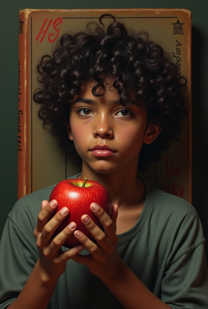 A brown-skinned boy with darker skin with curly hair holding an apple and in the background a book cover vampire "a vampire in love" realistic older ager and lighter skin very old over 18 a little older very old very much 