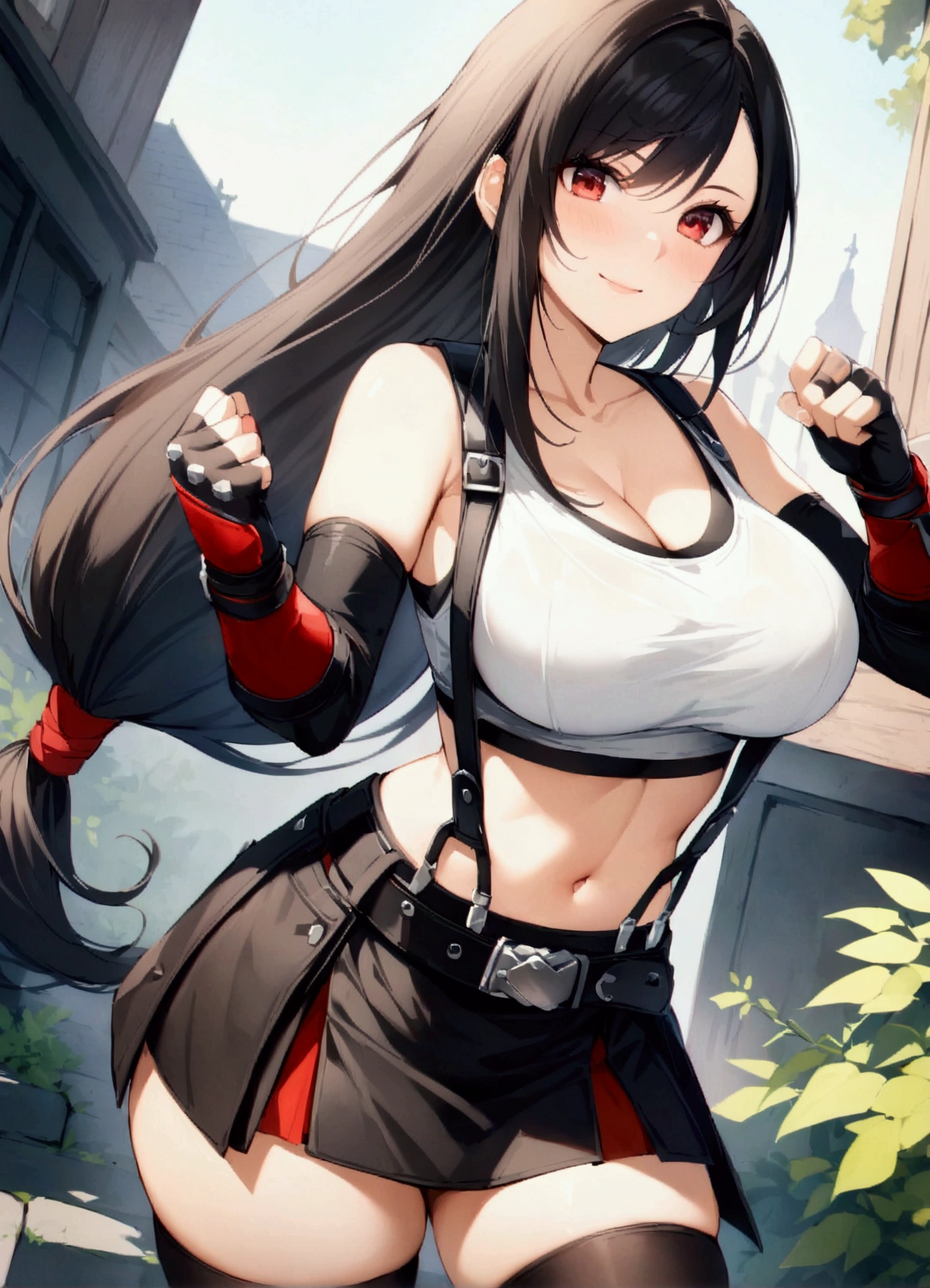 score_9, score_8_up, score_7_up, ,(front pose), (breast focus),top angle,standing pose,straight-on,perfect composition,(mediumshot:1),looking_at_viewer ,Solo,1girl, tifa lockhart, final fantasy,(beautiful woman:1.2).make up,lips,black hair, low-tied long hair, red eyes, bangs, white tank top,(short tank top:1.2), belt, pleated skirt, thighhighs, elbow fingerless gloves, elbow pads, midriff, navel,suspender skirt.zettai ryouiki ,(large_breasts),light smile,,slender_waist, ,(daytime and slum town),(masterpeace),(best quality),(aesthetic,very aesthetic),(highly detailed),hdr,(anime style),