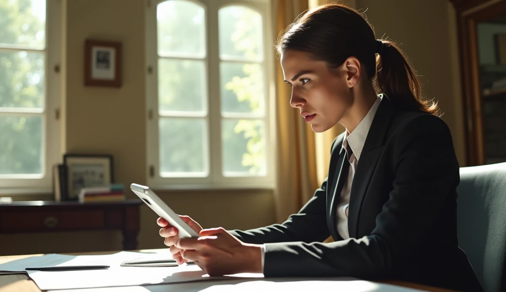woman in a suit using a tablet computer in a room, working, sun yunjoo, still from a live action movie, park shin hye as a super villain, full device, using a magical tablet, iu lee ji-eun as a super villain, profile pose, [ realistic photo ]!!, shin min jeong, serious business, lazy, elegant look, (The girl was sitting gloomily at the table working, on the table there were many documents:1.0)