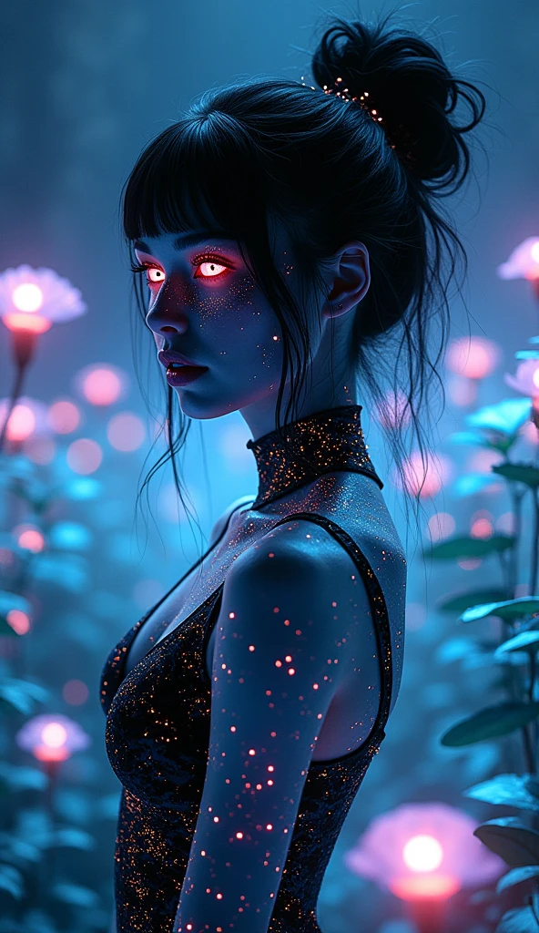 Futuristic, Glowing otherworldly woman, Neon Black Features. Her eyes and hair radiate brilliance, Dark glow, Blend seamlessly with your surroundings. Stage is a magical digital forest, Holographic plants and flowers pulsate with soft light, Ethereal black light. Her skin is slightly reflective, Constellation-inspired shimmering patterns. She stands gracefully among glowing plants, Her expression is serene and curious, Embodies the mystique of a cyber fairy in a surreal form, Neon illuminated landscape."

 