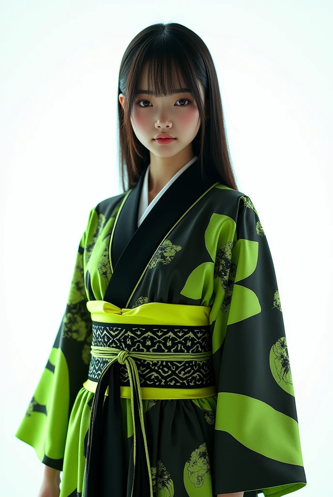 Japanese  girl in domination black and highlighter green kimono, chest length hair flowing straight down, ultra hd, 4k, very realistic, body pose straight in front of camera, bright white background, waist angle,