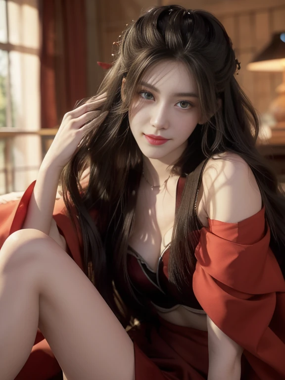 ((whole body)), 1 girl, Long hair, Translucent red skirt, (Transparent red silk), Black Hair, (Lying in bed), Mysterious smile, Slender eyes, Fascinating eyes, Extremely detailed photos of the goddess, Three long thin red hairpins, Elongated eyebrows, tall, Snow-white skin, Medium breasts, Exposing chest, Very high color saturation, Off-shoulder, long legs, raised eyebrows, light smile, Barefoot, bare legs, Delicate face, Fluffy hair, Small mouth, Surrealism, ray tracing, reflection light, Fujicolor, retina, masterpiece, anatomically correct, high details, highres, 8k, super detail