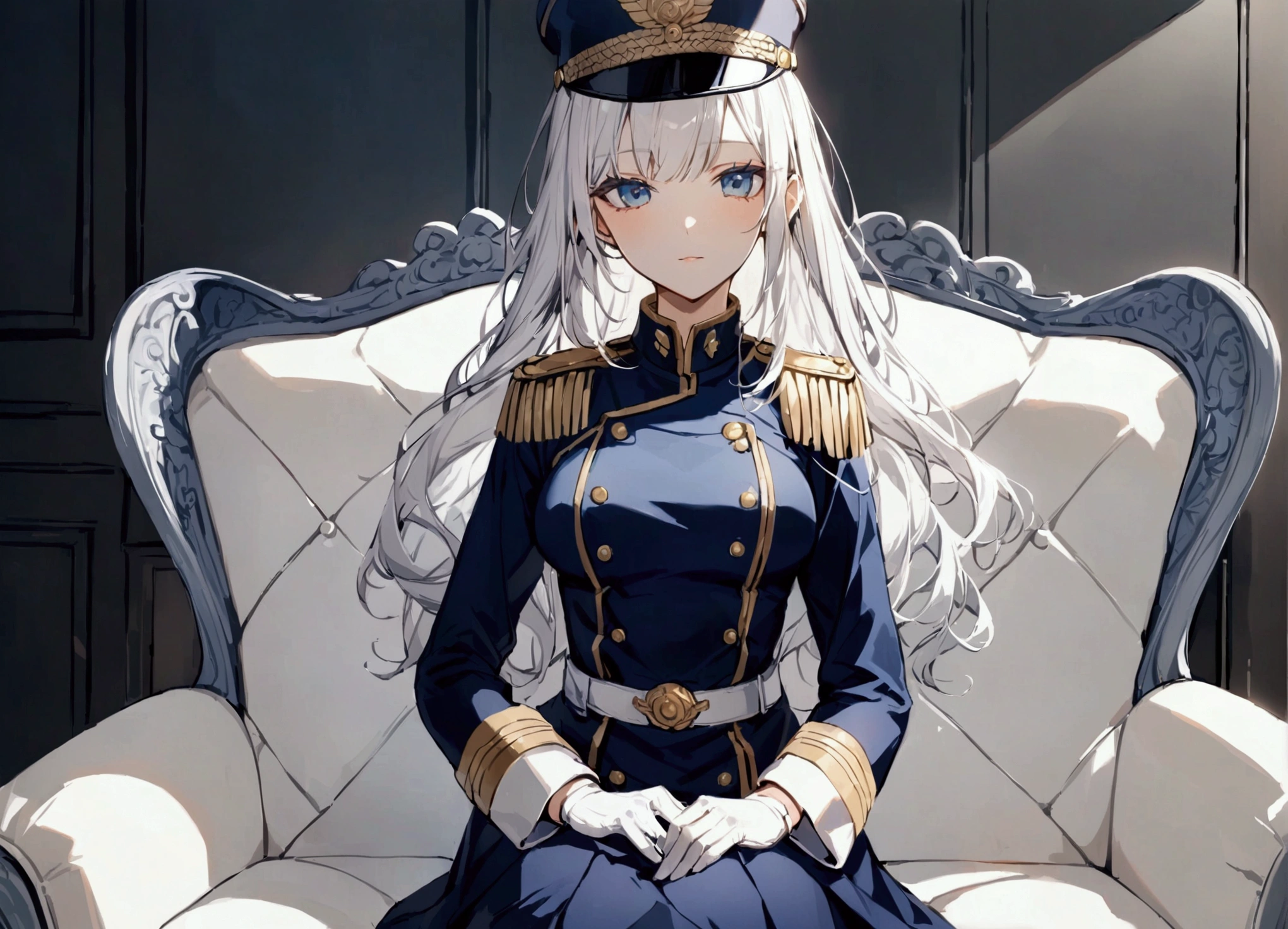 Office background, Military uniform, dark blue uniform, white glove, military cap, 1girl, white hair, shining hair, medium breast, sitting on couch, facing viewer,