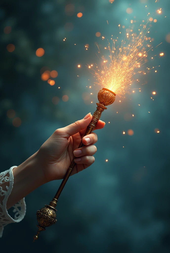 A woman's hand holding a fairy godmother's magic wand, sparks at the tip
