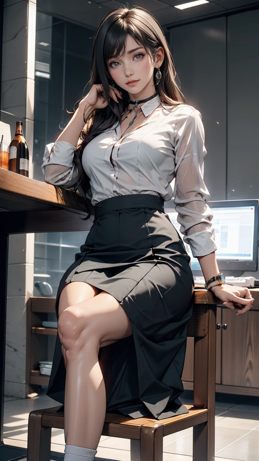 She is sitting on a chair wearing a black dress., Korean female fashion model, Transparent grey skirt, mesh shirt, Chrome Clothing, Shiny silver, It's lucky that, Big Breasts, Highest quality, masterpiece, Ultra-high resolution, Realistic,choker、Silver accessories on the wrist
