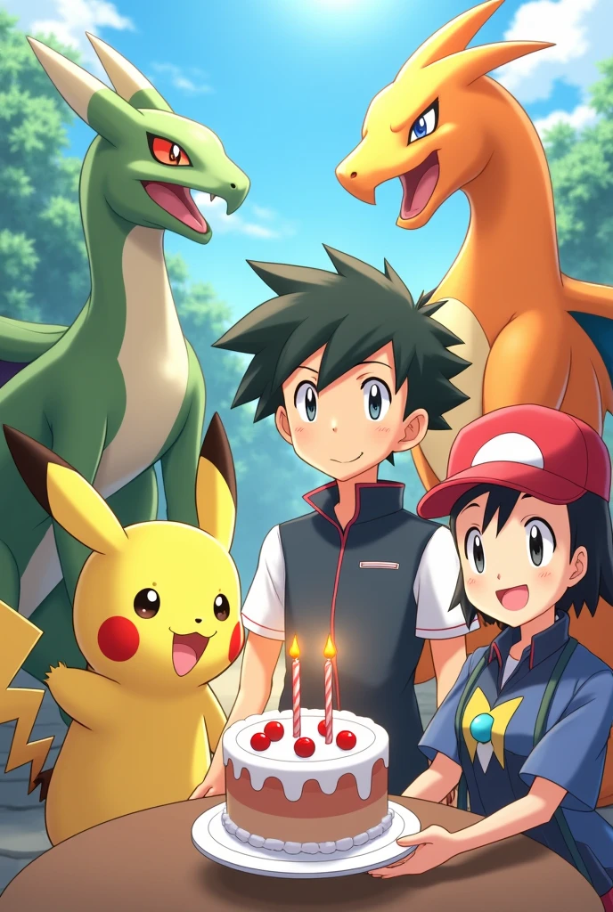 A party of pokemon with satoshi and pikachu with kasumi who has grown up and has a cake with 2 candles with gennija, Lucario,dragonite,Charizard gen8 looks like
In the movie