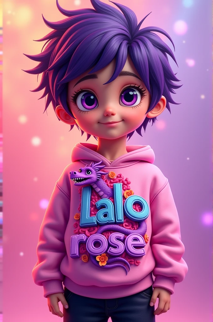 A logo of a purple dragon on the chest area with a pink color bright pink eyes background a collage of a with a purple and pink gradient hair pink sweatshirt black pants and on the front the letters Lalo rose with vibrant colors animated