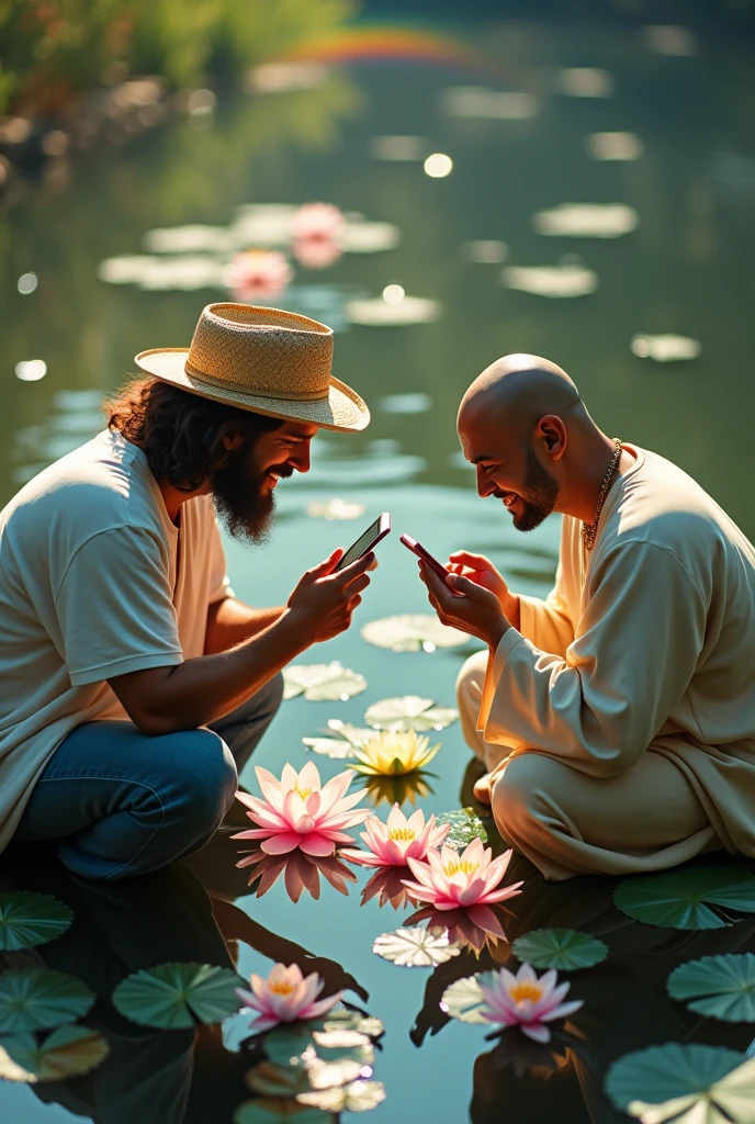 Viewed from above. Jesus Christ and Buddha looking into water lilies in a pond. They are squatting down and holding their mobile phones to take pictures of water lilies. they are shining. Surrounded by rainbow-colored light. Jesus is wearing a white T-shirt, blue jeans, and a straw hat. Jesus of Nazareth is depicted as a gentle, gentle man with shoulder-length hair. His wavy brown hair flows over his shoulders. His face conveys deep wisdom and empathy, radiating warmth and understanding. The other man is depicted as a kind-hearted Japanese man with a Buddha-like shaved head and a gentle, cheerful expression. The Japanese man's face conveys deep wisdom and empathy, exuding warmth and understanding. Photography, close-up, highly detailed, trending at the art station, sharp focus, studio shot, intricate details, Greg Rutkowski,