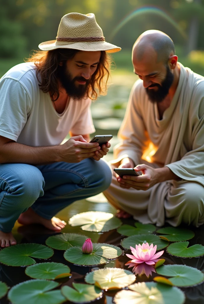Viewed from above. Jesus Christ and Buddha looking into water lilies in a pond. They are squatting down and holding their mobile phones to take pictures of water lilies. they are shining. Surrounded by rainbow-colored light. Jesus is wearing a white T-shirt, blue jeans, and a straw hat. Jesus of Nazareth is depicted as a gentle, gentle man with shoulder-length hair. His wavy brown hair flows over his shoulders. His face conveys deep wisdom and empathy, radiating warmth and understanding. The other man is depicted as a kind-hearted Japanese man with a Buddha-like shaved head and a gentle, cheerful expression. The Japanese man's face conveys deep wisdom and empathy, exuding warmth and understanding. Photography, close-up, highly detailed, trending at the art station, sharp focus, studio shot, intricate details, Greg Rutkowski,