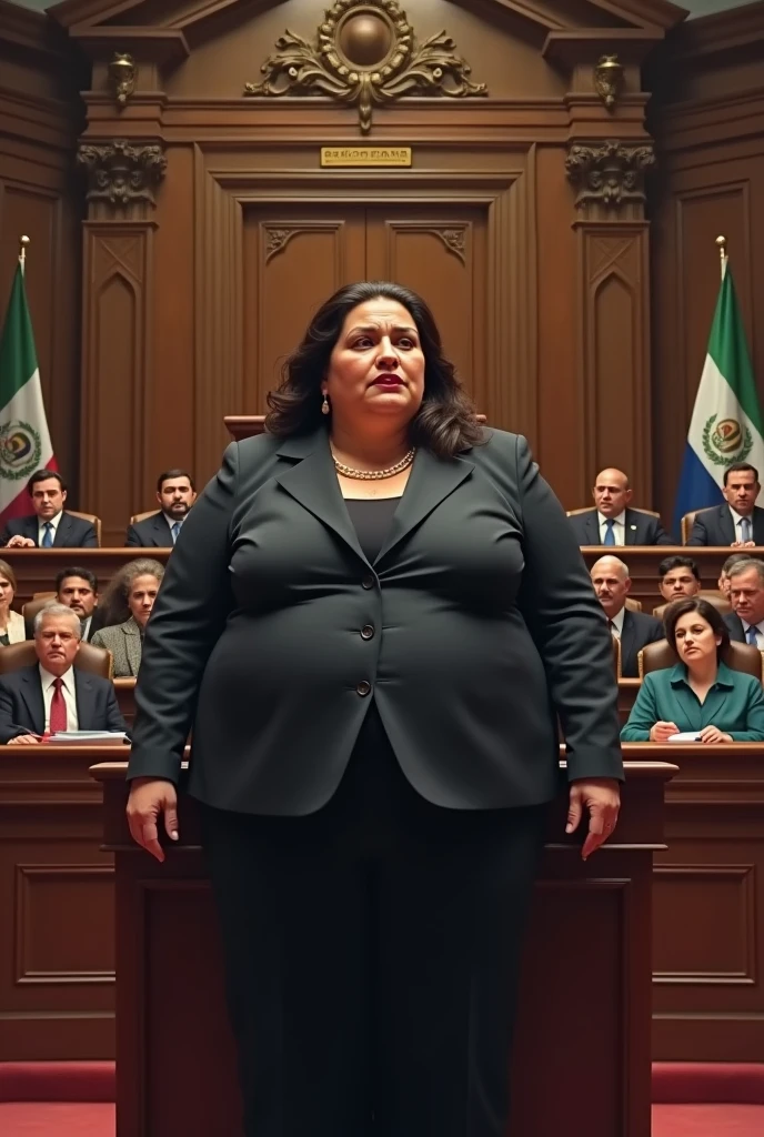 Obese woman with a barrel-shaped body and formal clothes speaking at the Guatemalan congress