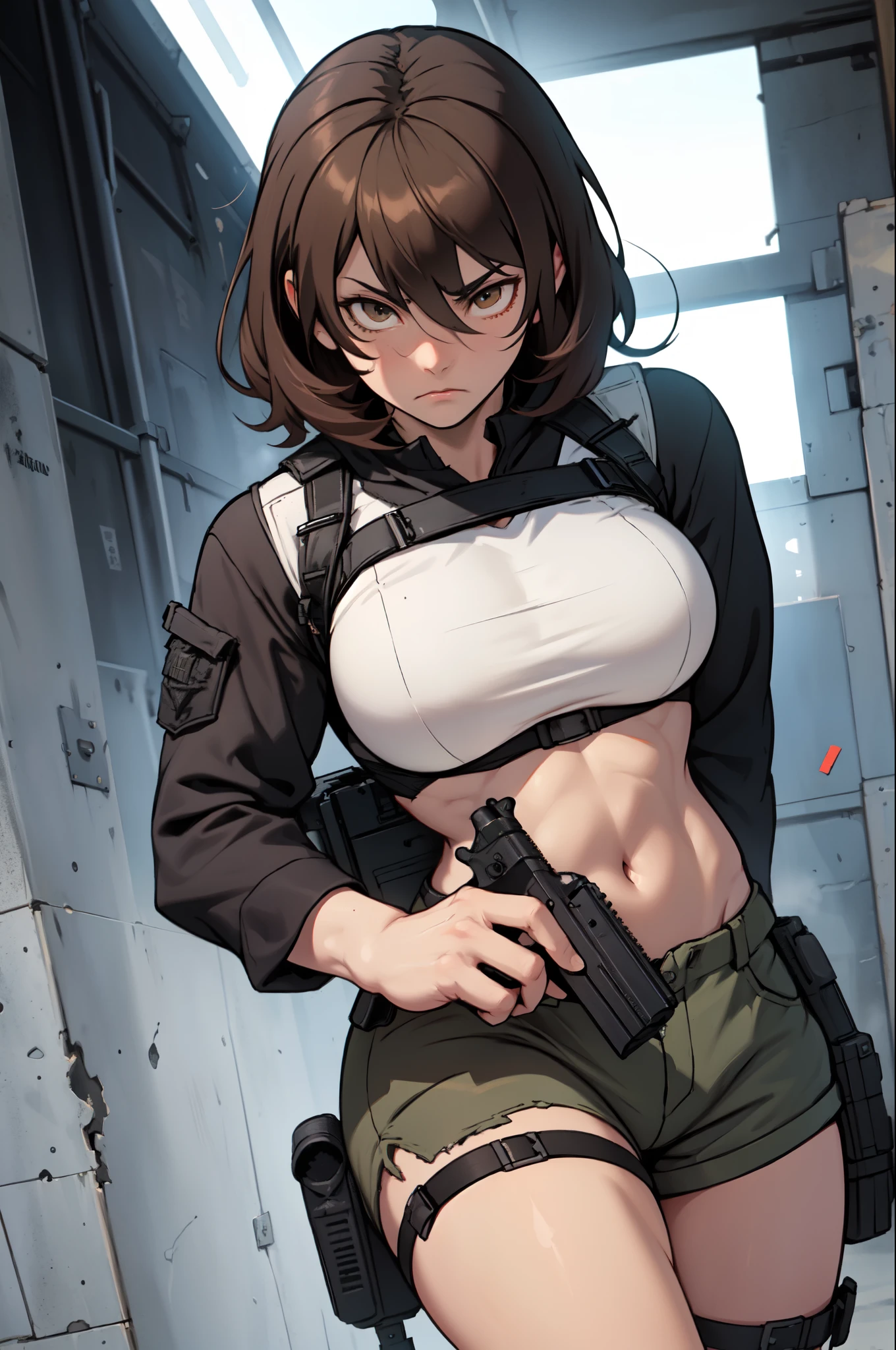 brown hair hazel eyes solo muscular girl toned body perky breasts empty eyes frown thick pale skin shooting range weapon gun firearm tactical gear shooting range weapon gun firearm tactical gear shooting range weapon gun firearm tactical gear 