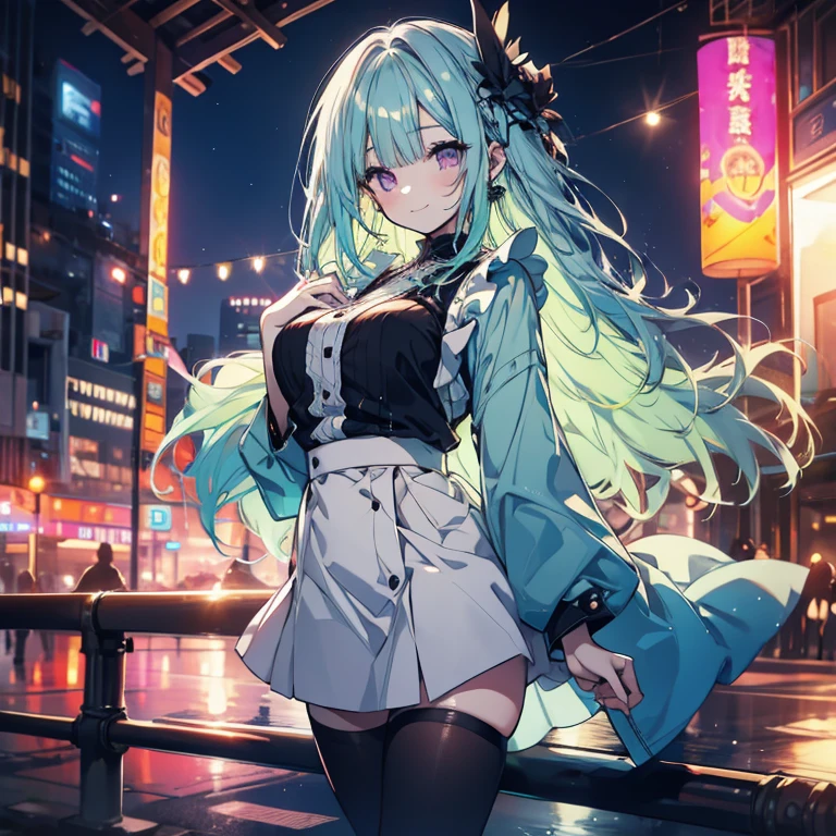 1 person、Mature、Ample breasts、Long Hair、Curly Hair、Mint green hair、Light purple hair、Light blue hair、Mixed color hair、Pink Eyes、Trimmed bangs、Hime cut、Maid clothes、Goth、Miniskirt、A seductive smile、Juice in one hand、City of night、All black outfits、Downtown、Night view、sit、High resolution、Highest quality