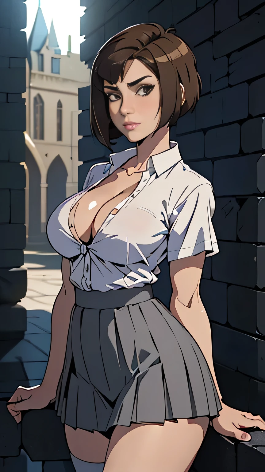 photo of mlp Meowko, RAW, beautiful woman, ((portrait)), ((detailed face:1.2)), ((anime face, anime facial feature, clear skin, glossy anime lips, clear skin), (short lesbian haircut, brunette: 1.55), (perfect proportioned body, Strong, muscular, narrow waist, narrow hips, skinny, large breasts), (she is wearing a Hogwarts witch robe, short sleeve White button down shirt, Gray pleated skirt, knee-high gray socks, Blue and silver tie, Cleavage), huge castle in the background, Stone brick walls, magic, (realistic photo, best quality, detailed), (8k wallpaper), (bright cinematic lighting, lens flares, beautiful light, (noon:1.3)) (sharp focus, intricate)