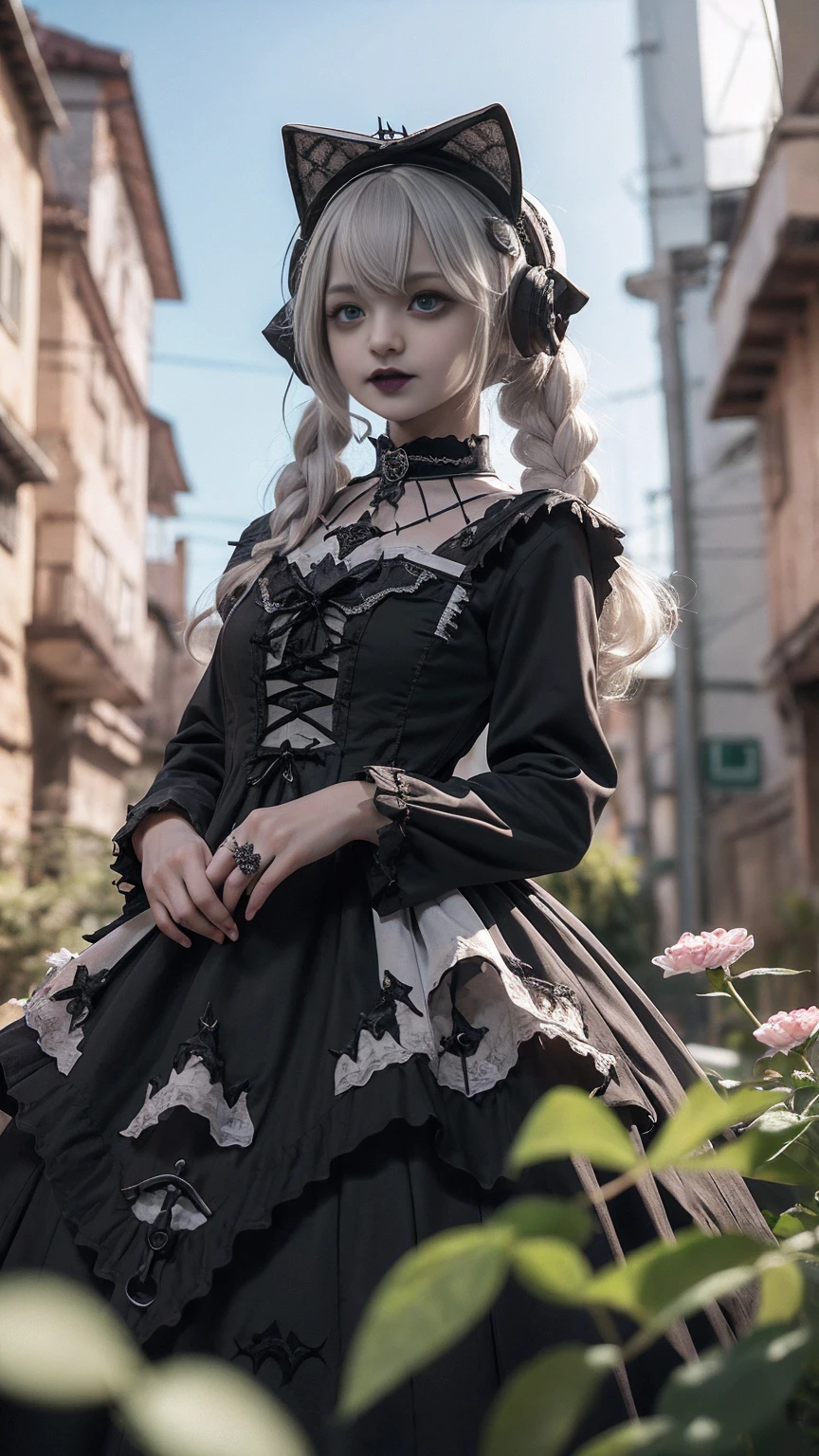 Highly detailed CG Unity 16K wallpaper), The ultimate masterpiece, Best quality, uhd, ultra high resolution, RAW photos, (reality_Photorealistic photo), whole body, standing, closed mouth, laugh, (reality적인:1.7), gothic ta dress를 입은 소녀1명, alone, Reflective light, halo, Long platinum blonde hair, silver hair, shiny, fair skin texture, White skin, beautiful face, pretty eyes, Pretty nose, Pretty mouth, shiny 핑크색 입술, blue eyes, Pretty jaw and neck, Beautiful and perfectly proportioned body, Round big, slim waist, round big ass, Beautiful real hands, pretty fingers, nice long legs, bare shoulders, Accurate and high color, (gothic loliress:1.7), Wearing a dress, Attractive models, Natural pose, Europe, European, market price, At noon, reality적인 햇살, flowers, tree, blue sky, Falling leaves, petal, Blown by the Wind, birds , Small bird, butterfly, looking at viewer, ultra detail,