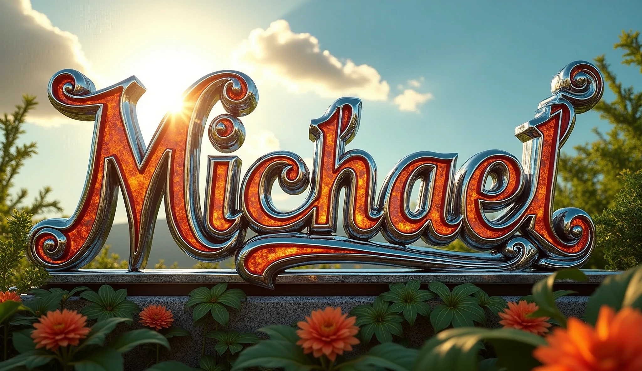 (text:"Michael") The word, in Art Nouveau fancy script text in shiny highly polished silver chrome and coloured glass reflecting a tropical garden, direct front lit by very bright sun, heavy metal art nouveau flowing shapes and flourishes, front face view on open sky background, highlights, lens flare, logo, badge, emblem, insignia, label, photorealistic, extremely detailed, beautiful, unique, epic, cinematic, sparkling,